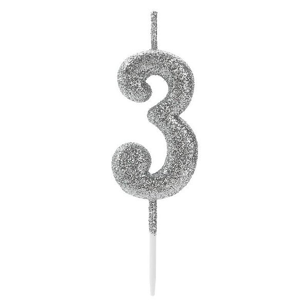 Vela de Aniversário Número 3 Glitter Prata Pequena - Silver