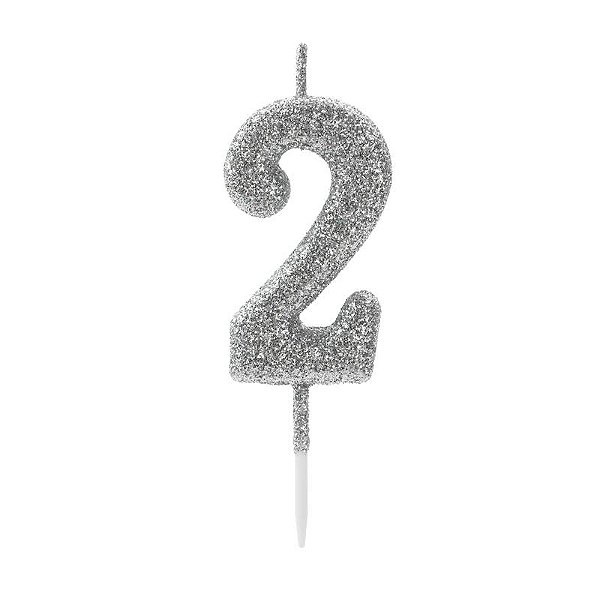 Vela de Aniversário Número 2 Glitter Prata Pequena - Silver