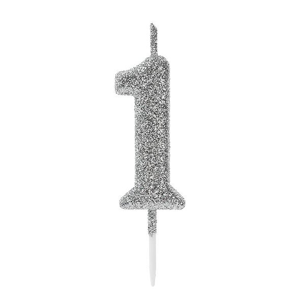 Vela de Aniversário Número 1 Glitter Prata Pequena - Silver
