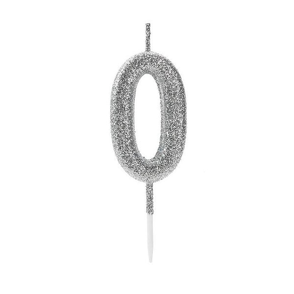 Vela de Aniversário Número 0 Glitter Prata Pequena - Silver