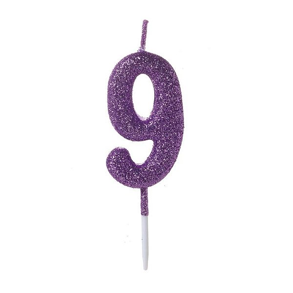 Vela de Aniversário Número 9 Glitter Roxo Pequena - Silver