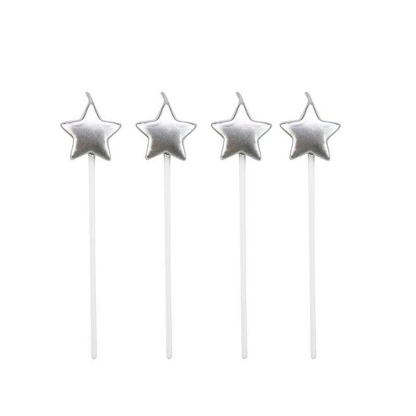 Velas de Aniversário Estrelas Pratas com 4 Unidades - Silver