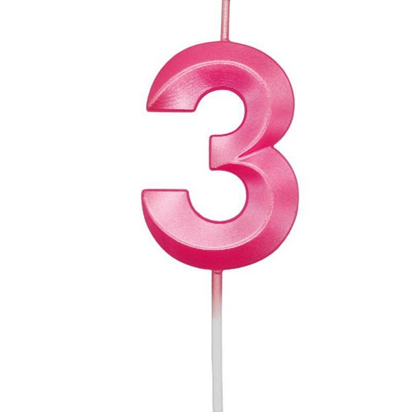 Vela de Aniversário Mini Design Número 3 Rosa Forte Metalizado - Silver