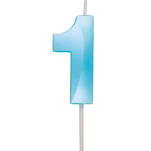Vela de Aniversário Design Número 1 Azul Claro Metalizado - Silver