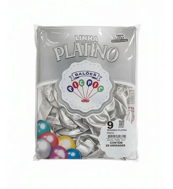 Balão de Látex 9 Polegadas Platino Prata com 25 Unidades - PICPIC