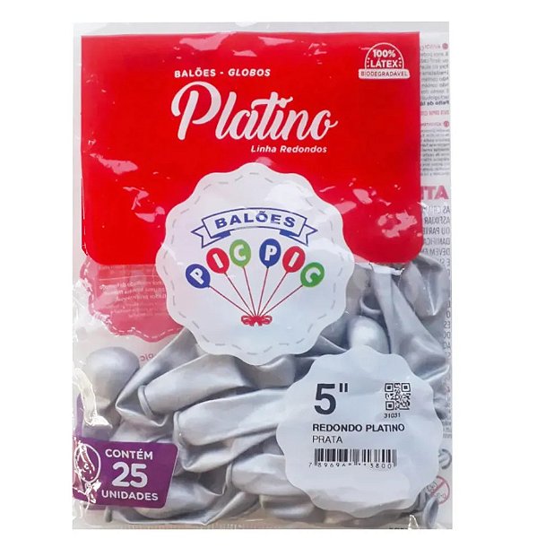 Balão de Látex 5 Polegadas Platino Prata com 25 Unidades - PICPIC