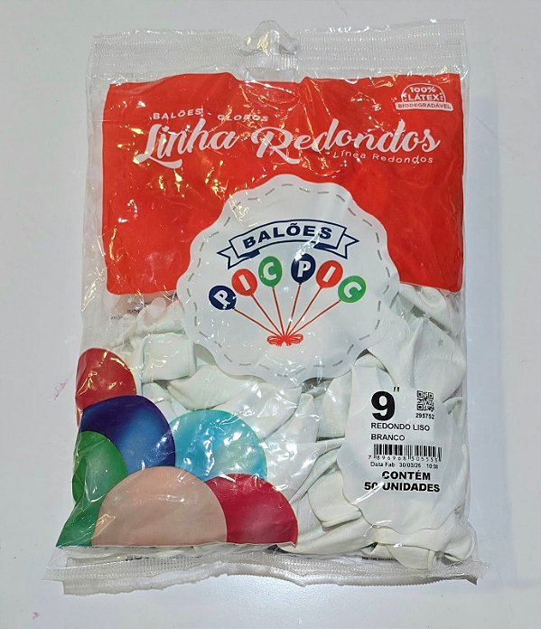 Balão de Látex Liso Redondo 9 Polegadas Branco com 50 Unidades - PICPIC