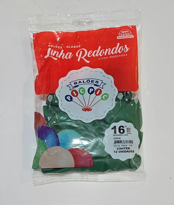 Balão de Látex Liso Redondo 16 Polegadas Verde com 12 Unidades - PICPIC
