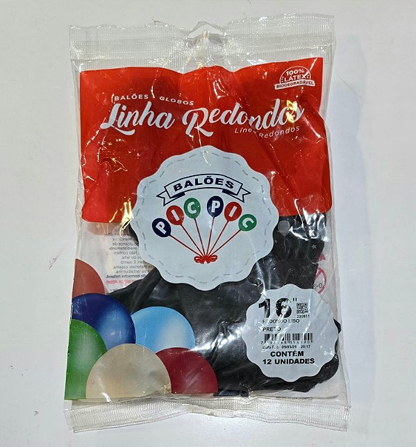 Balão de Látex Liso Redondo 16 Polegadas Preto com 12 Unidades - PICPIC