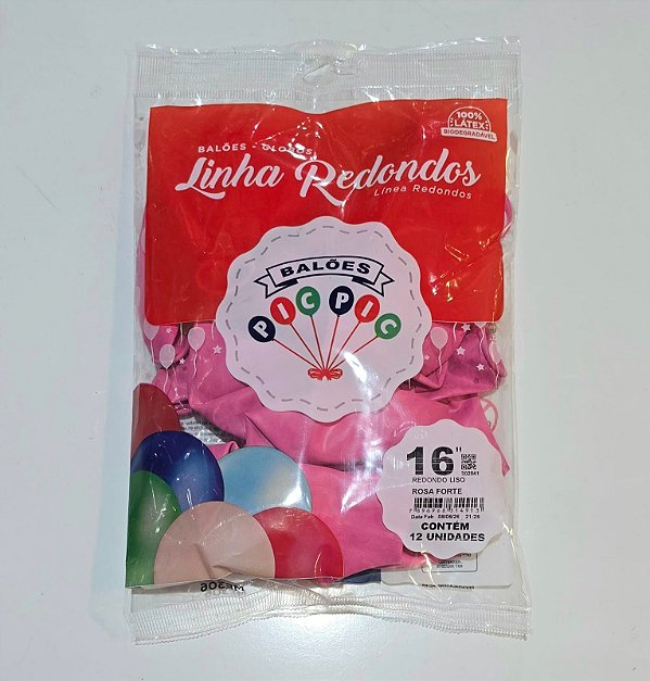 Balão de Látex Liso Redondo 16 Polegadas Rosa Forte com 12 Unidades - PICPIC