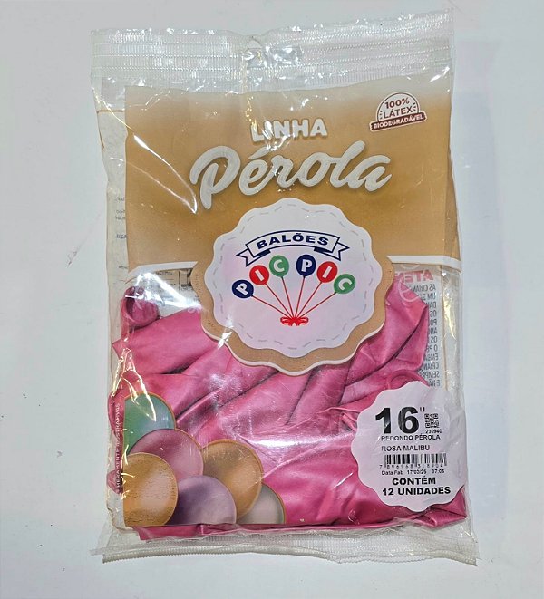Balão de Látex Perolizado 16 Polegadas Rosa Malibu com 12 Unidades - PICPIC
