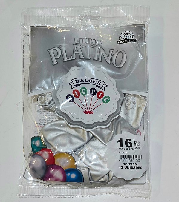 Balão de Látex Platino 16 Polegadas Prata com 12 Unidades - PICPIC