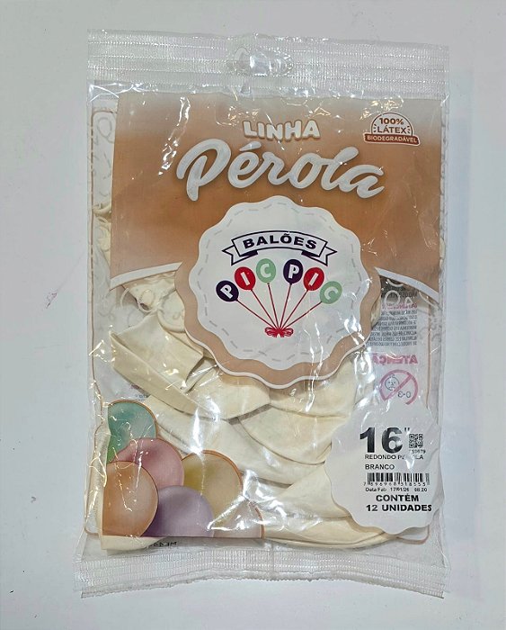Balão de Látex Perolizado 16 Polegadas Branco com 12 Unidades - PICPIC