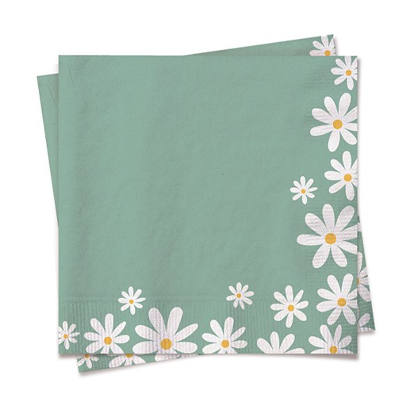 Guardanapo de Papel Decorado Verde com Margaridas Brancas 32x5x32,5cm com 20 Un - Ref 19001250 Cromus