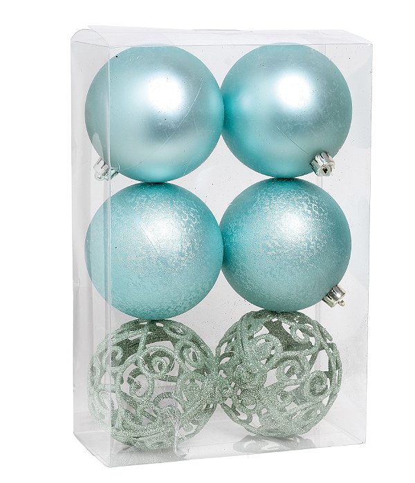 Bolas de Natal Verde Hortelã Mate, Craquelada e Arabesco 8cm com 6 Un - Ref 1205573 Cromus