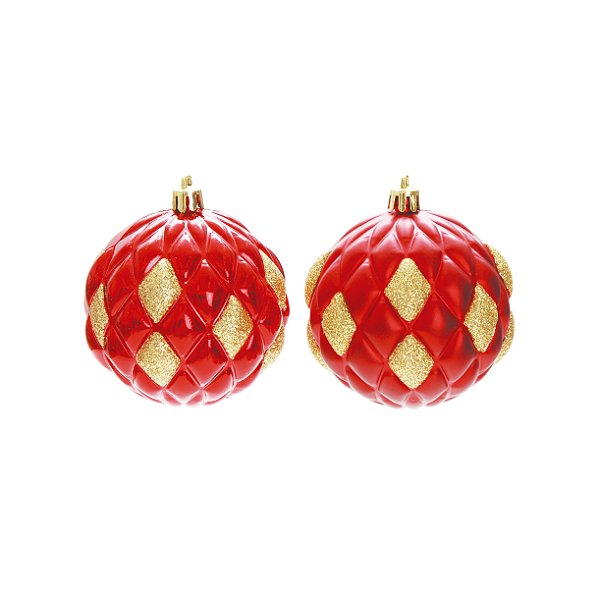 Bolas de Natal Quadriculada Vermelho Glitter Dourado 8cm com 6Un - Ref 1513917 Cromus