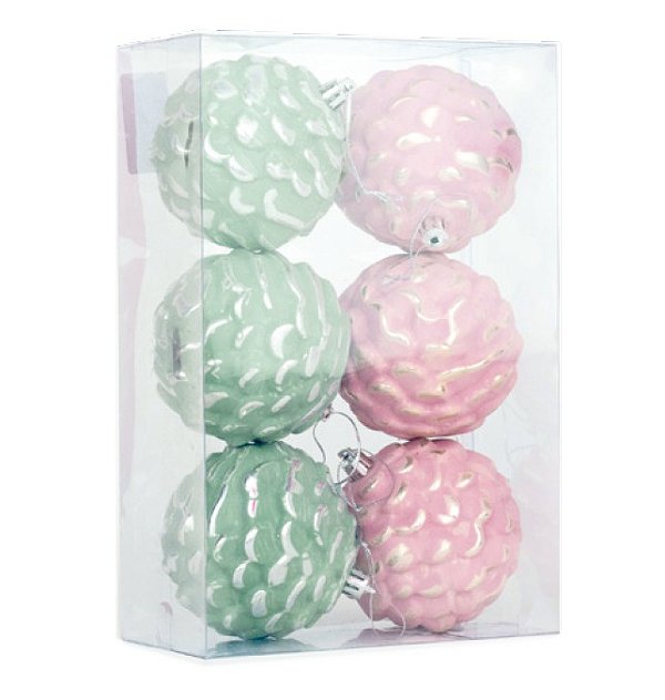 Bolas de Natal Verde e Rosa Pinhas 8cm com 6Un - Ref 1019917 Cromus