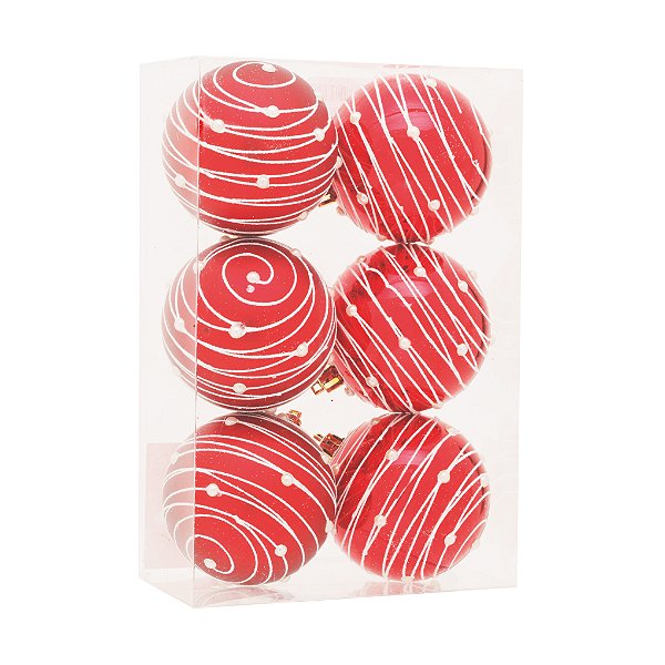 Bolas de Natal Vermelha com Listras Brancas e Perolas 8cm com 6un - Ref 1921243 Cromus