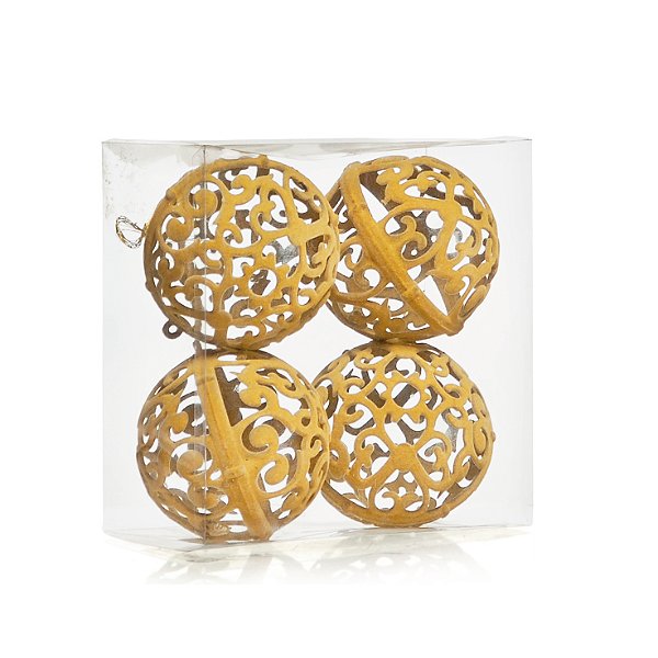 Bolas de Natal Arabesco Amarelo Mostarda de Veludo 10cm com 4Un - Ref 1690601 Cromus