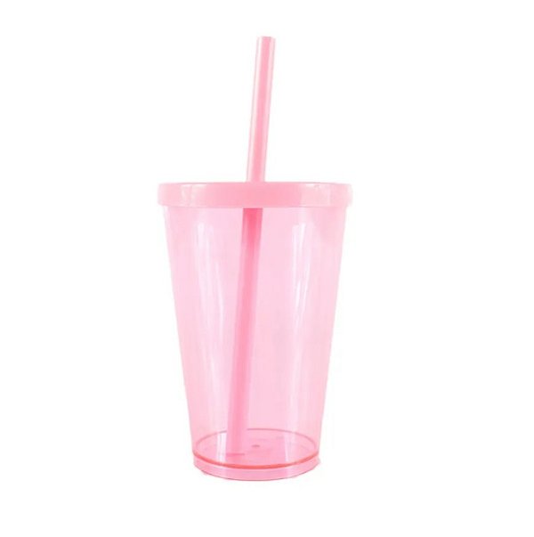 Copo com Tampa e Canudo 350ML Rosa Bebe Transparente - Neoplas