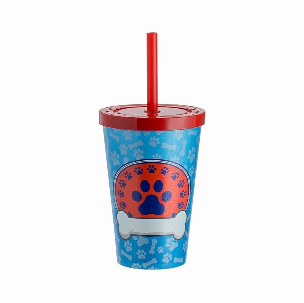 Copo com Tampa e Canudo 350ML Canino Azul e Vermelho - Neoplas