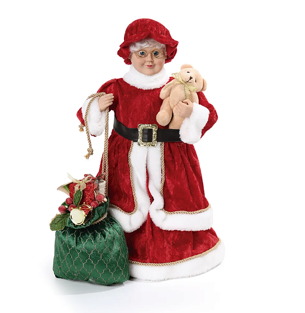 Boneco Mamãe Noel Com Vestido Veludo Vermelho Segurando Urso 45cm - Ref 1073025 Cromus