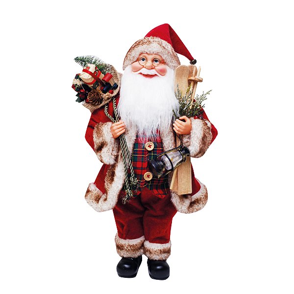 Papai Noel em Pé com Roupa Colete Xadrez, Segurando Sky e Saco de Presentes 45cm - Ref 1921976 Cromus