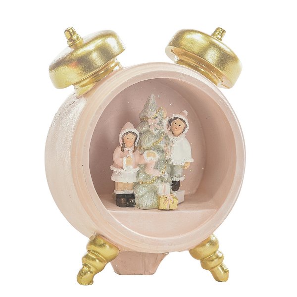 Enfeite Relógio de Resina Rosa Claro com Crianças e Luz 13x10x5cm - Ref 1107680 Cromus