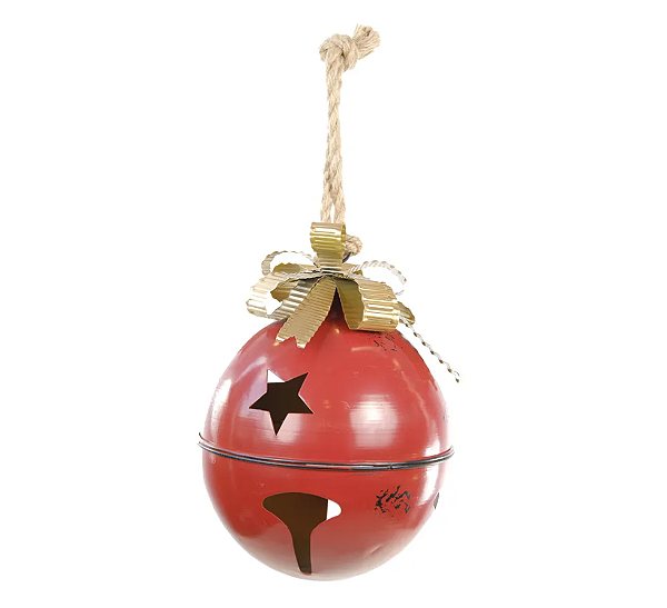 Enfeite Guizo de Metal Vermelho com Laço Dourado 14x14x16cm - Ref 1058546 Cromus