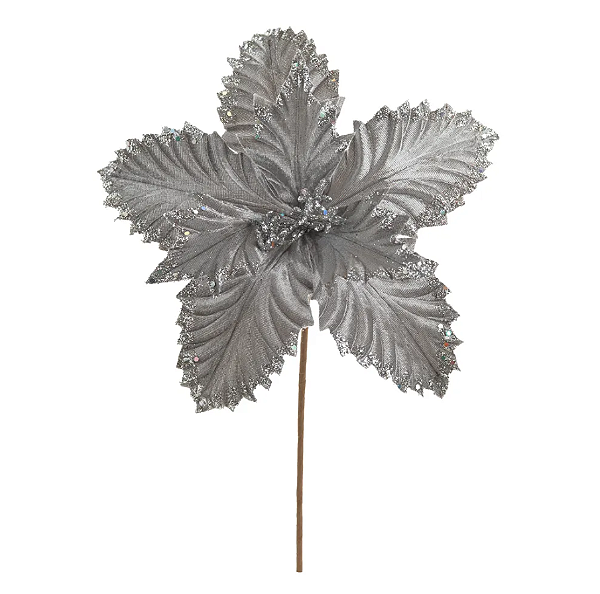 Flor de Natal Poisentia de Veludo Prata com Borda Glitter 29cm - Ref 1087962 Cromus