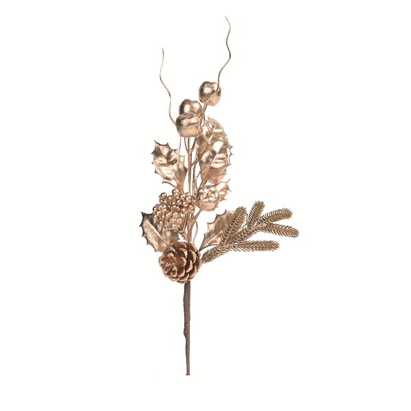 Galho de Natal Berry Dourado Metalizado com Folhas e Pinha 33cm - Ref 1091216 Cromus