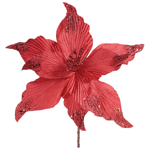 Flor de Natal Poisentia Veludo Vermelho com Glitter 29cm - Ref 1090720 Cromus