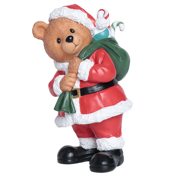 Urso de Resina Em Pé com Roupa Noel e Saco de Presentes Candy nas Costas 26cm - Ref 3118748 Cromus