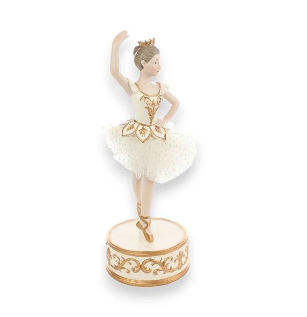 Bailarina de Resina com Saia Tule Branca e Dourada com Som e Movimento 29cm - Ref 3119998 Cromus