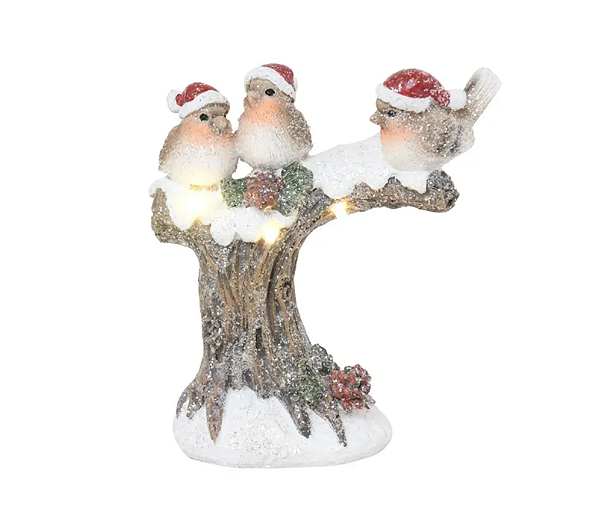Tronco de Resina com Passarinhos Usando Gorro Noel e Led 19cm - Ref 3108457 Cromus