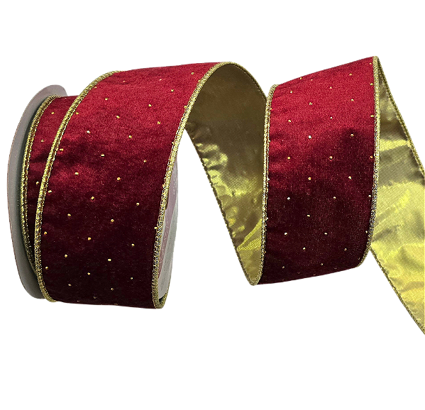 Fita Aramada Dupla Face de Veludo Vermelho com Poá Dourado Verso Metal Dourado 6,3cmx4,57m - Ref 1068771 Cromus