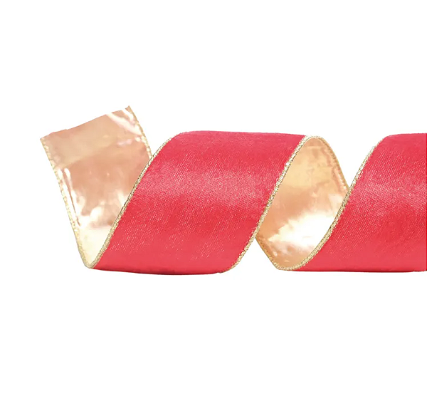 Fita Aramada Dupla Face de Veludo Vermelho Verso Metal Dourado 6,3cmx9,14m - Ref 3101486 Cromus