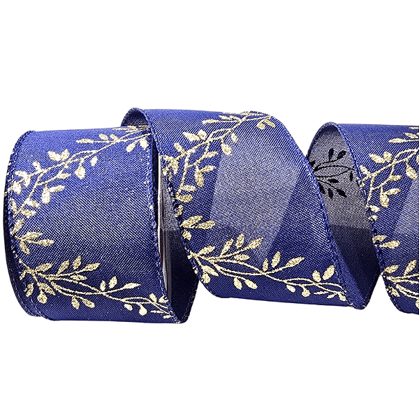Fita Aramada de Natal Linho Azul com Estampa de Ramos Glitter Chá 6,3cmx9,14m - Ref 3104315 CromuS
