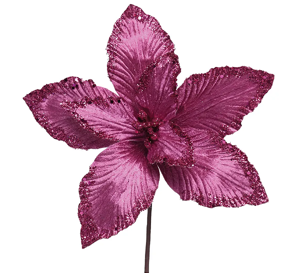 Flor de Natal Poisentia Fucsia de Veludo e Borda Glitter 25cm - Ref 3102528 Cromus