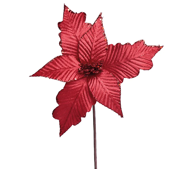 Flor de Natal Poisentia de Veludo Vermelho com Borda Glitter 26cm- Ref 3100417 Cromus