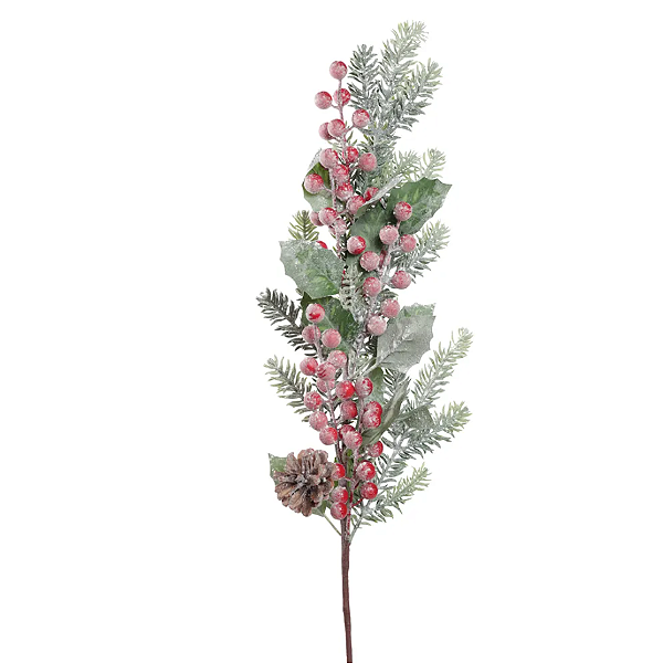 Galho de Natal Azevinhos com Galhos de Pinheiros Nevados 80cm - Ref 3102331 Cromus