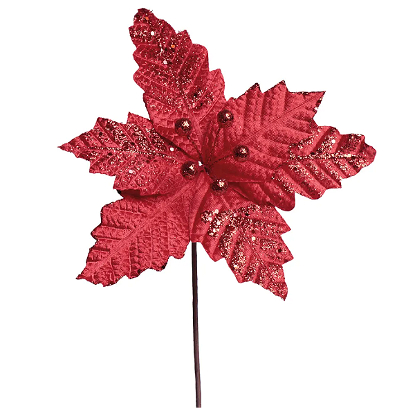 Flor de Natal Poisentia de Veludo Vermelho com Glitter 26cm - Ref 3100375 Cromus