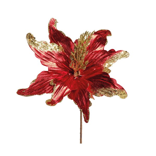 Flor de Natal Metalizada Vermelha com Glitter Dourado 30x29cm - Ref 1920893 Cromus