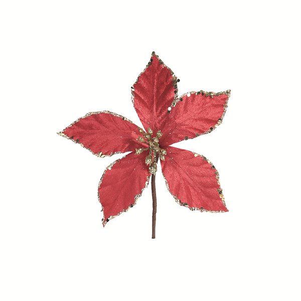 Flor de Natal Poisentia de Veludo Vermelha com Borda Dourada 17cm - Ref 1090489 Cromus