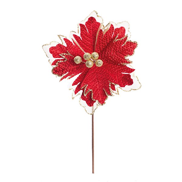 Flor de Natal Poisentia de Veludo Vermelha com Tela Dourada 15cm - Ref 1101227 Cromus