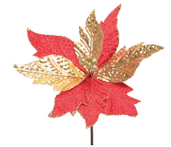 Flor de Natal Poisentia de Veludo Vermelho e Metal Dourado 23cm - Ref 1024192 Cromus