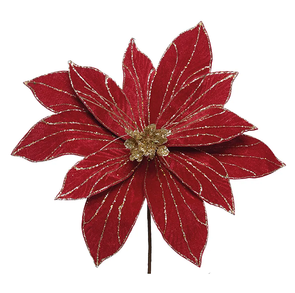 Flor de Natal Poisentia de Veludo com Detalhes Glitter Dourado 32cm - Ref 3122289 Cromus
