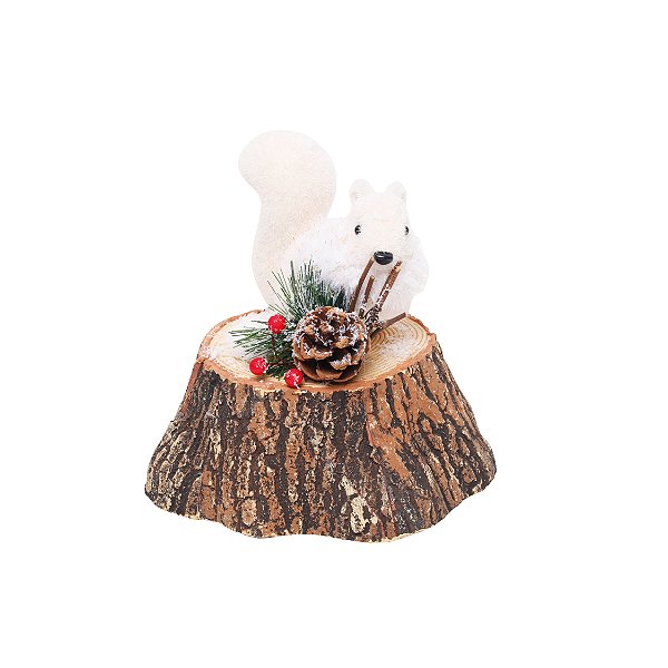 Enfeite Esquilo Branco no Tronco Nevado 17x17x17cm - Ref 1921590 Cromus