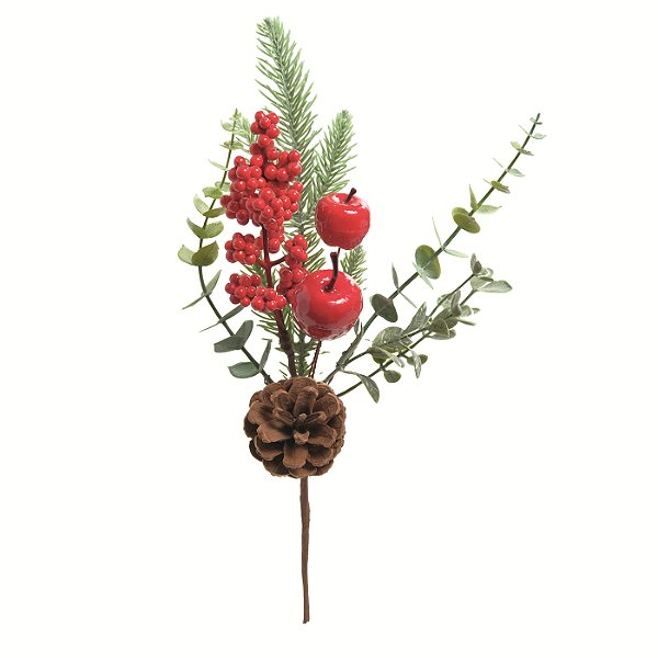 Galho de Natal Eucalipto com Frutas Vermelhas e Pinha 35cm - Ref 1087444 Cromus