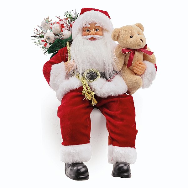 Papai Noel Sentado com Saco de Presentes e Urso 35cm - Ref 1004396 Cromus